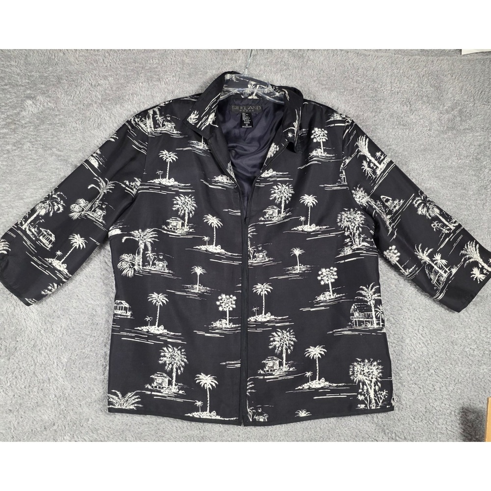 Silkland Woman Silk Jacket Women 2X Black White Tropical Beaded Zip Palm Tree